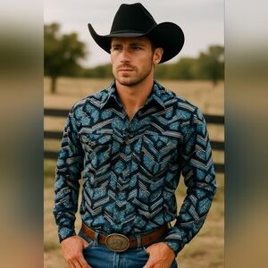 Panhandle Slim Aztec Snap Western Shirt Mens S Blue Multi Color All Over Print